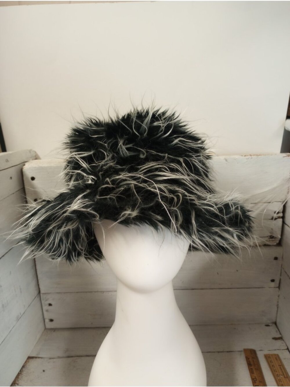 Faux Fur Black White Fuzzy Bucket Hat Boho Hippie